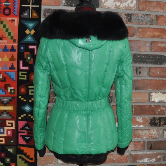 Shenowa Kelly Green Wet Look Down Puffer Belted Coat Jacket Fox Fur Hood Trim M - Picture 4 of 10